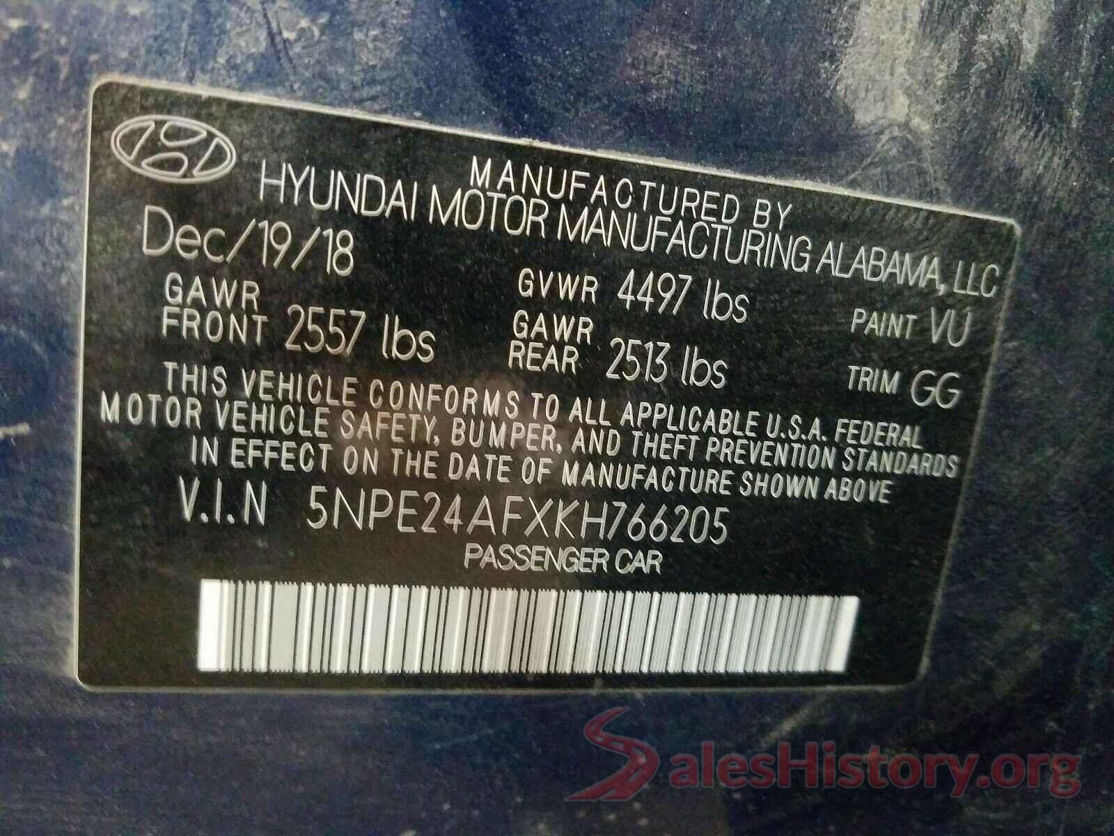 5NPE24AFXKH766205 2019 HYUNDAI SONATA