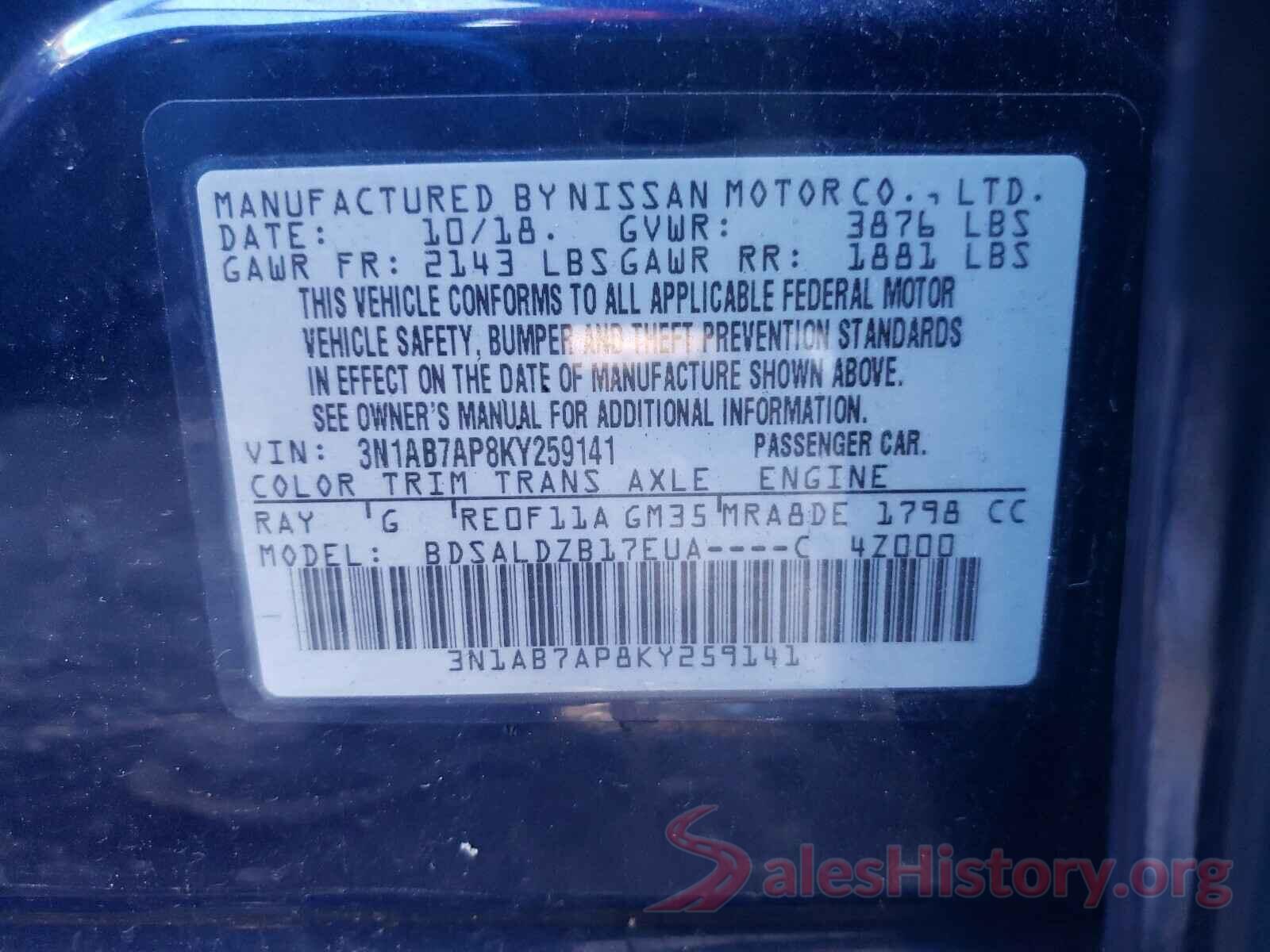 3N1AB7AP8KY259141 2019 NISSAN SENTRA