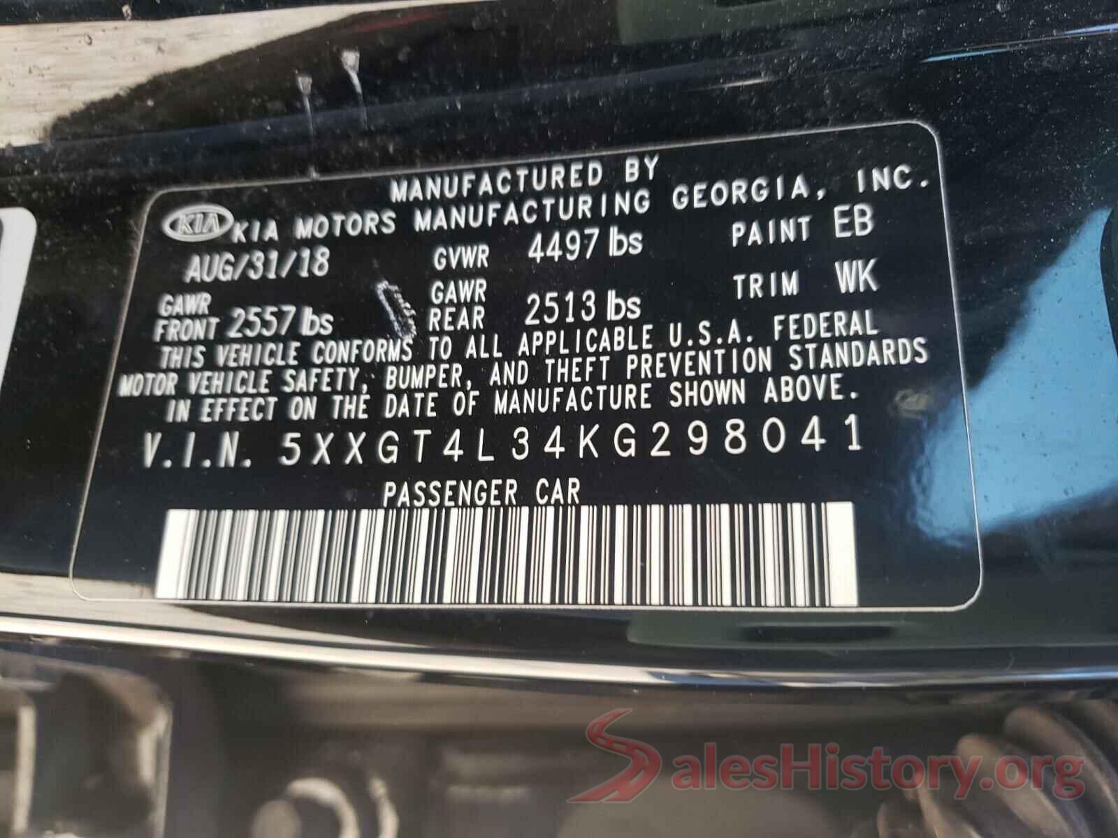 5XXGT4L34KG298041 2019 KIA OPTIMA