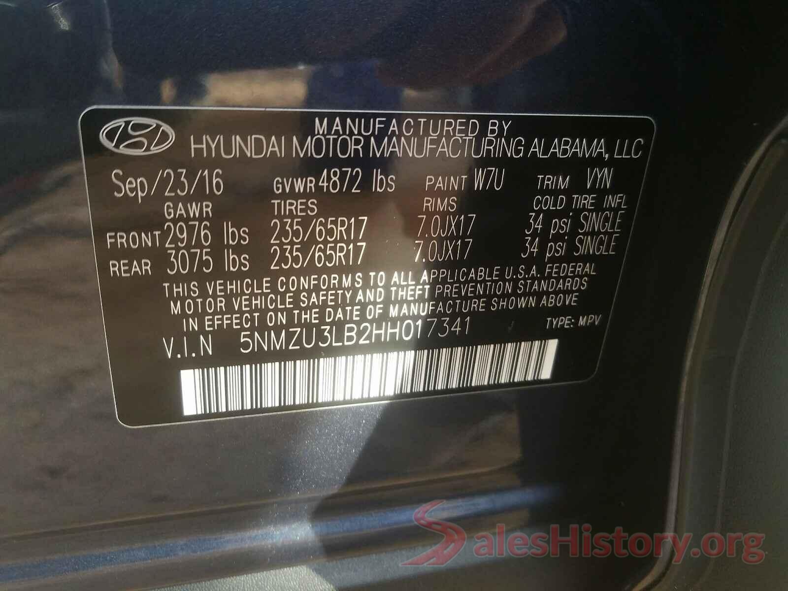 5NMZU3LB2HH017341 2017 HYUNDAI SANTA FE