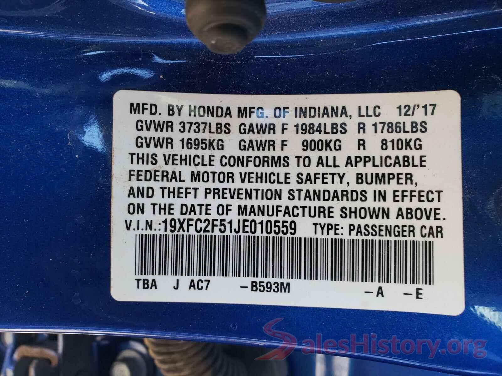 19XFC2F51JE010559 2018 HONDA CIVIC