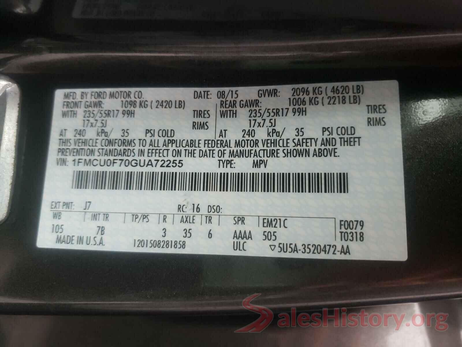 1FMCU0F70GUA72255 2016 FORD ESCAPE