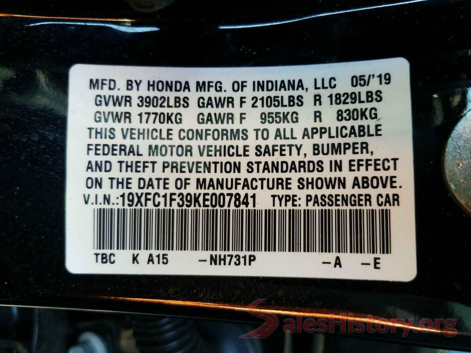 19XFC1F39KE007841 2019 HONDA CIVIC