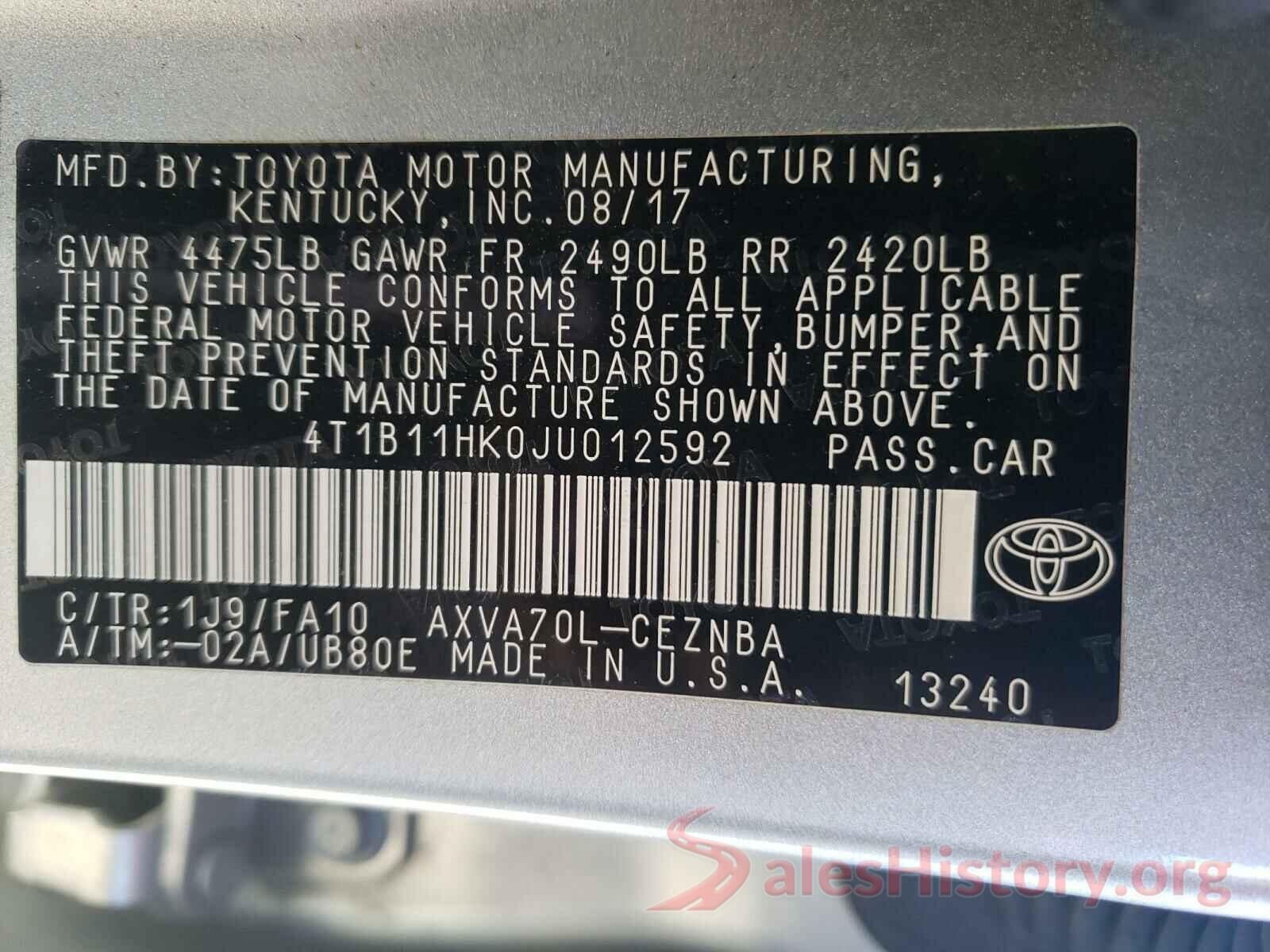 4T1B11HK0JU012592 2018 TOYOTA CAMRY