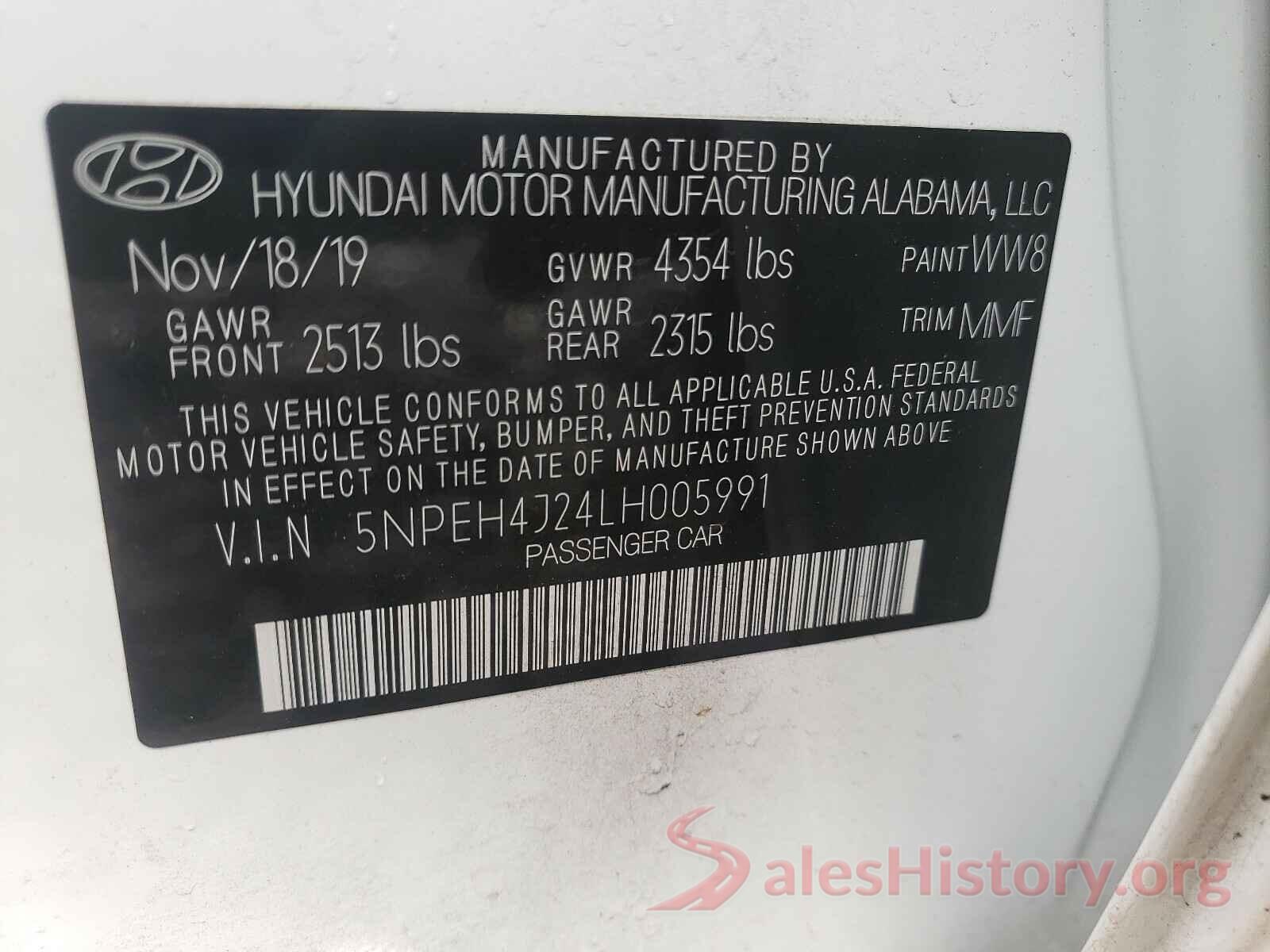 5NPEH4J24LH005991 2020 HYUNDAI SONATA