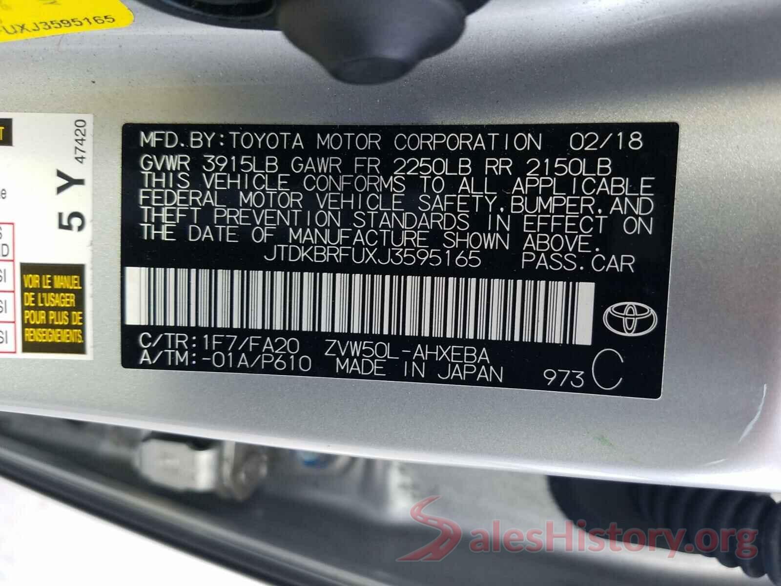 JTDKBRFUXJ3595165 2018 TOYOTA PRIUS