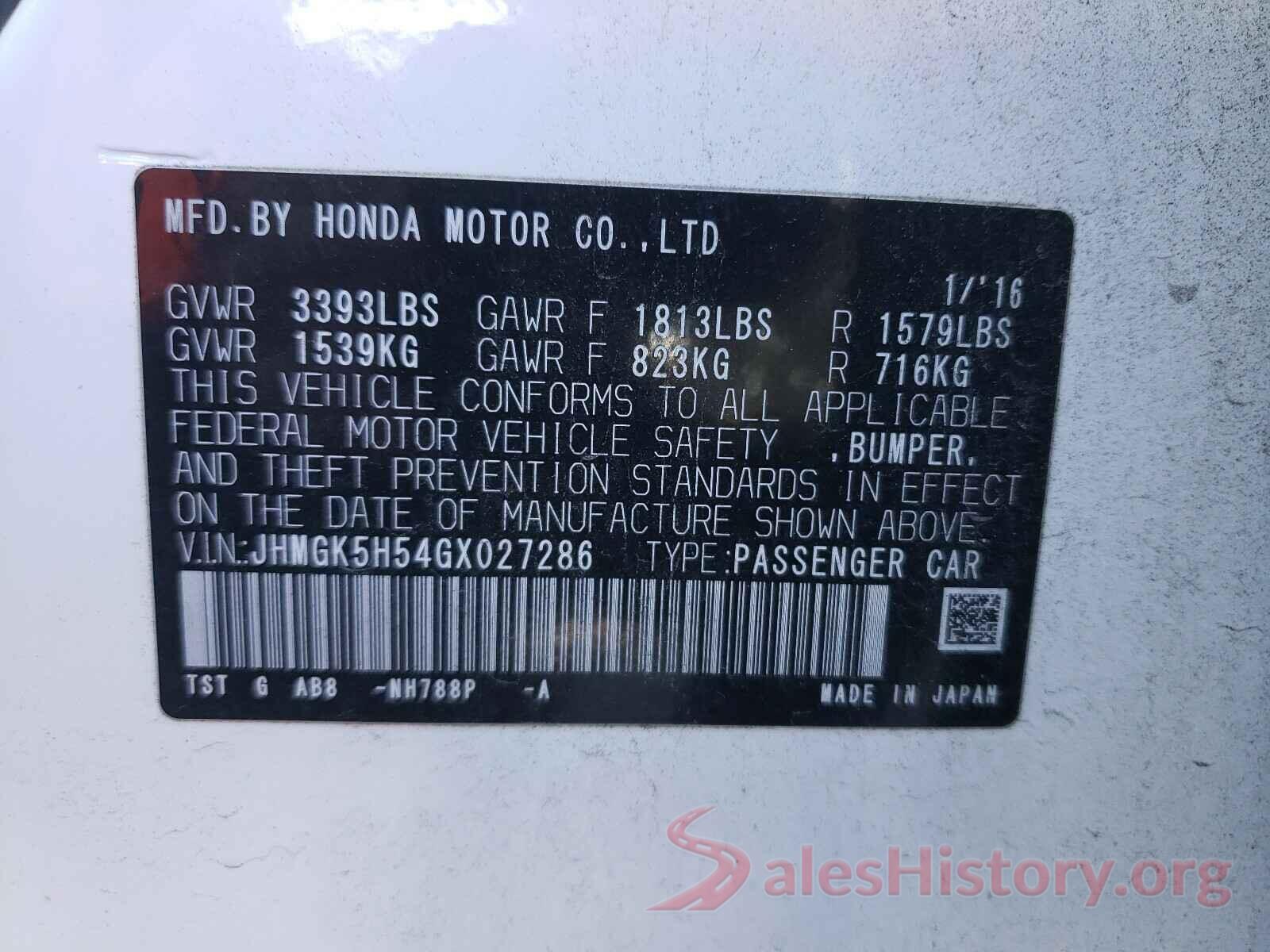 JHMGK5H54GX027286 2016 HONDA FIT