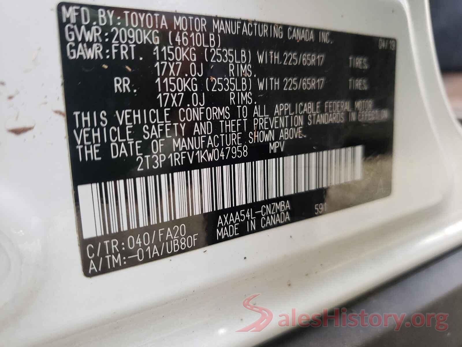 2T3P1RFV1KW047958 2019 TOYOTA RAV4