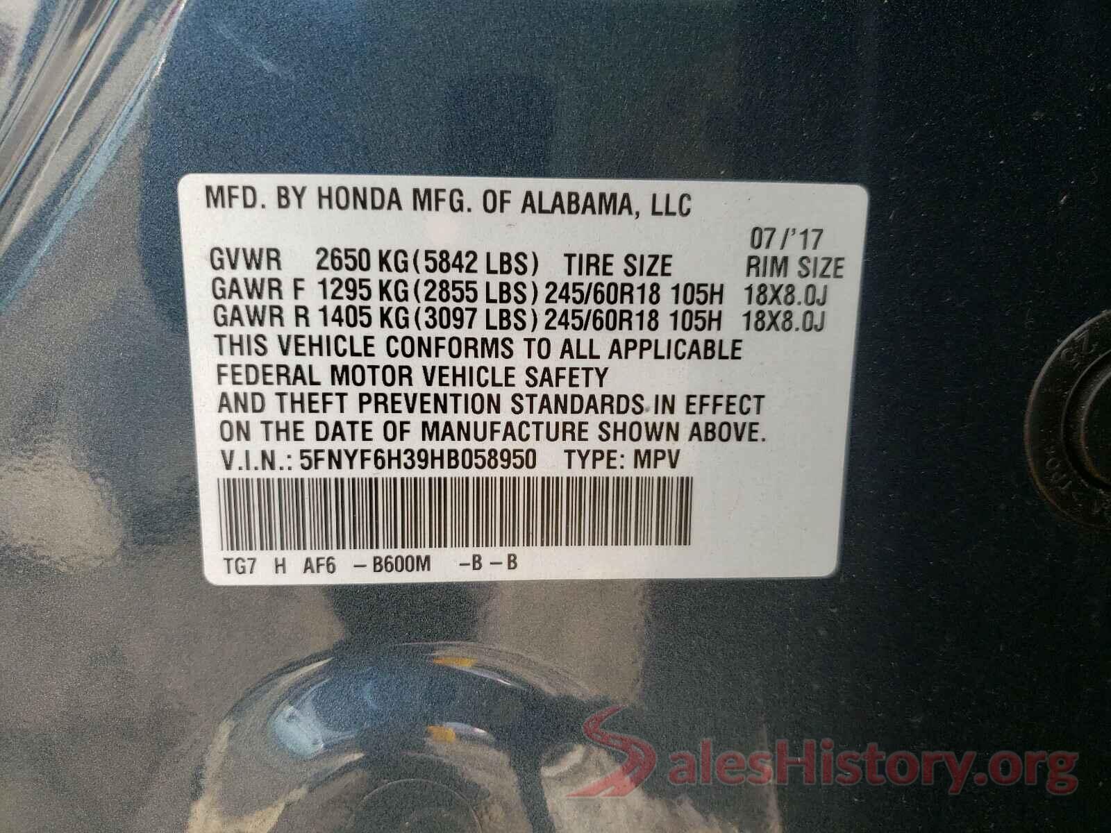 5FNYF6H39HB058950 2017 HONDA PILOT