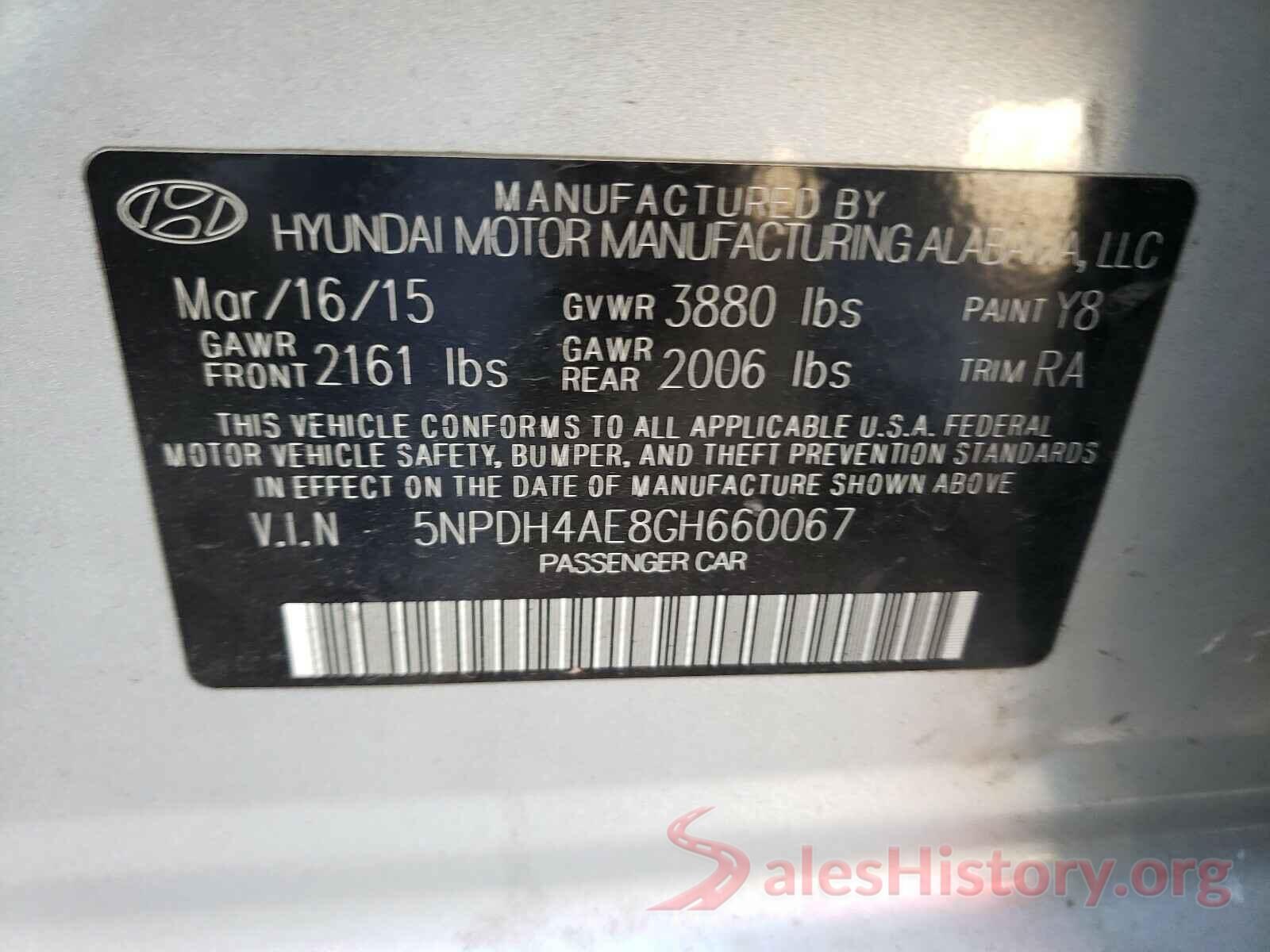 5NPDH4AE8GH660067 2016 HYUNDAI ELANTRA