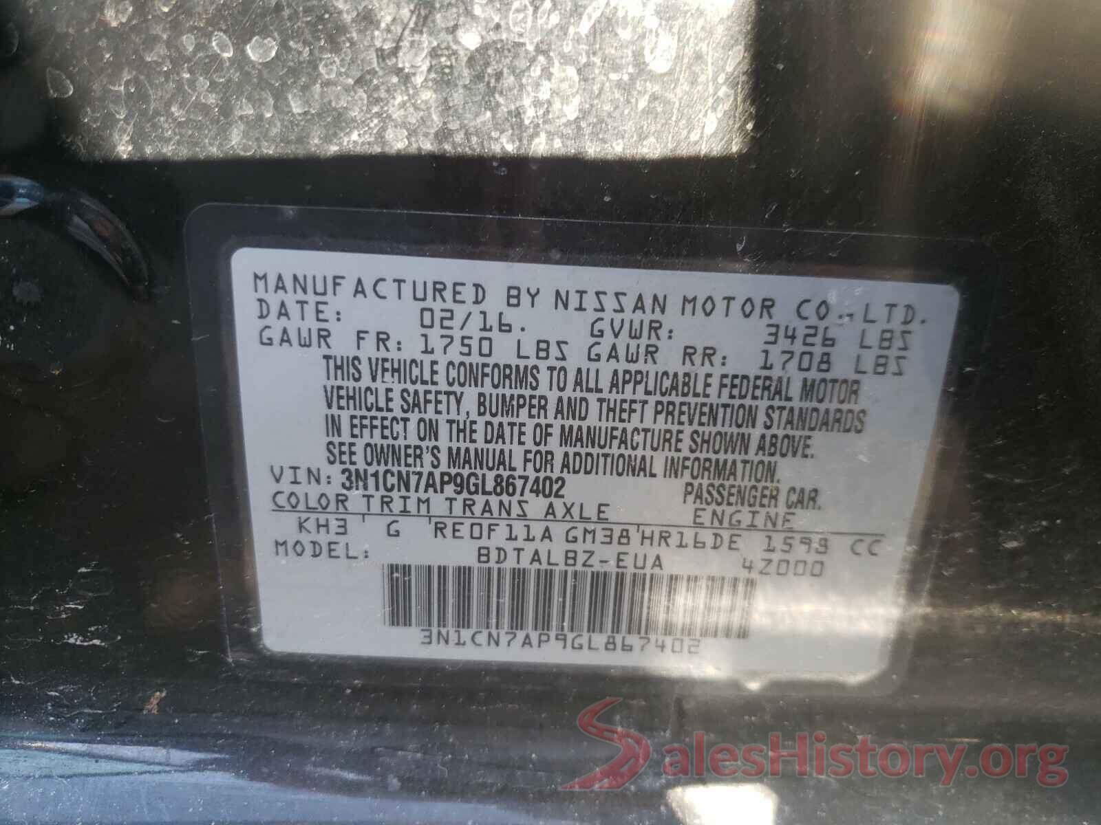 3N1CN7AP9GL867402 2016 NISSAN VERSA