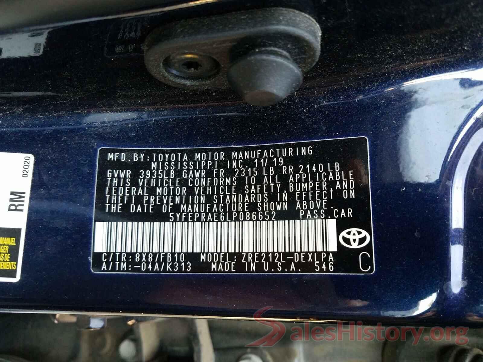 5YFEPRAE6LP086652 2020 TOYOTA COROLLA