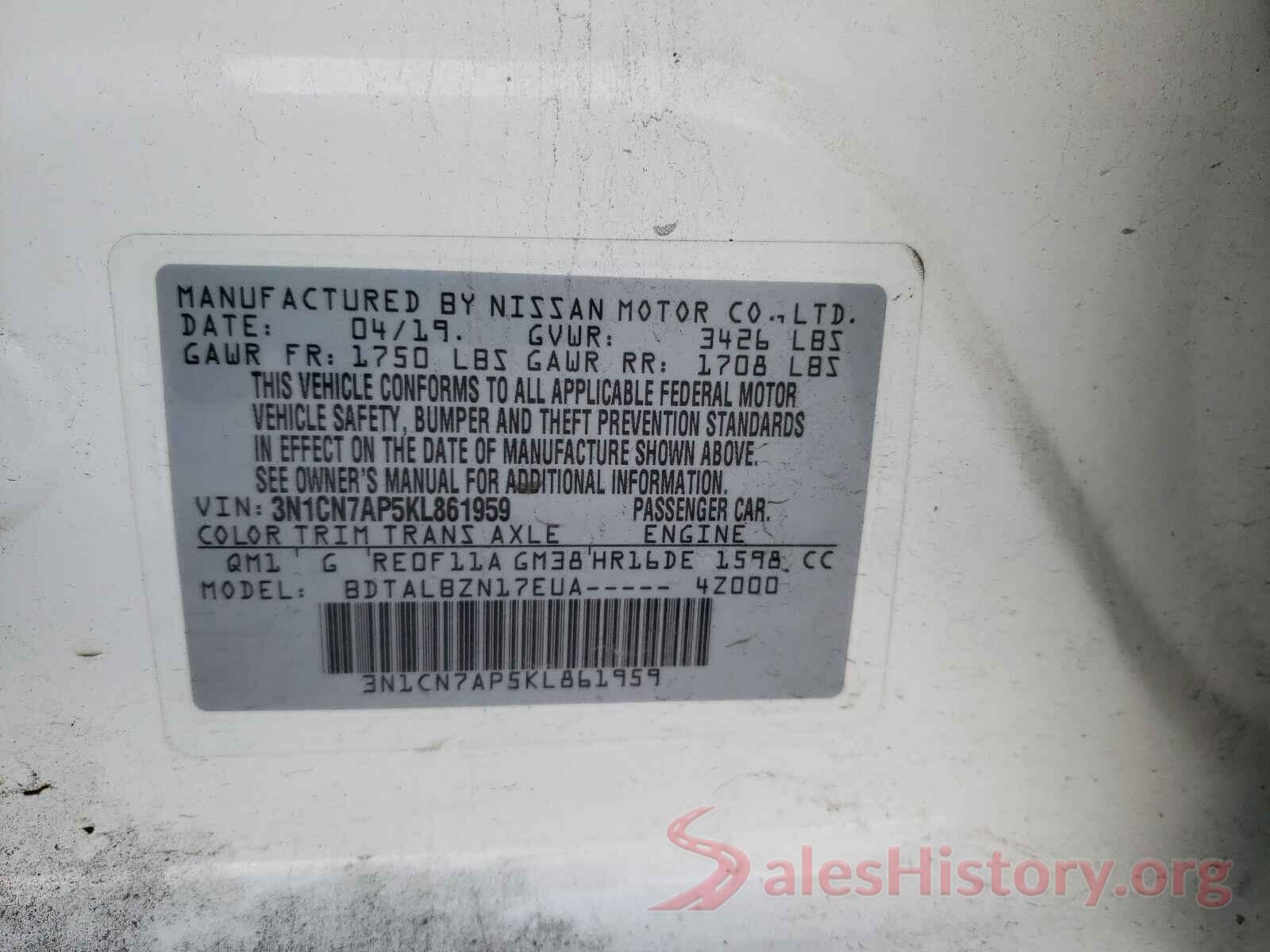 3N1CN7AP5KL861959 2019 NISSAN VERSA