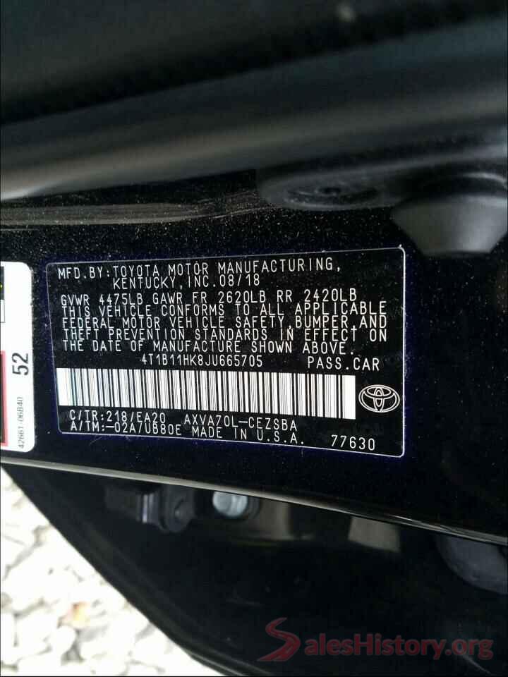 4T1B11HK8JU665705 2018 TOYOTA CAMRY