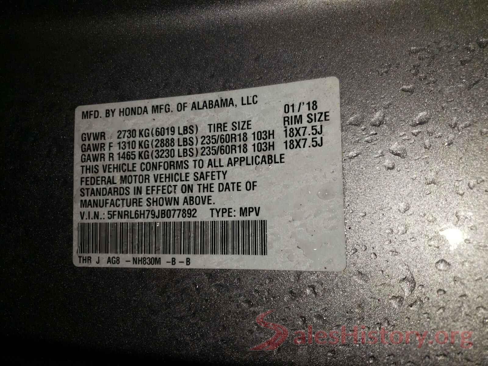 5FNRL6H79JB077892 2018 HONDA ODYSSEY