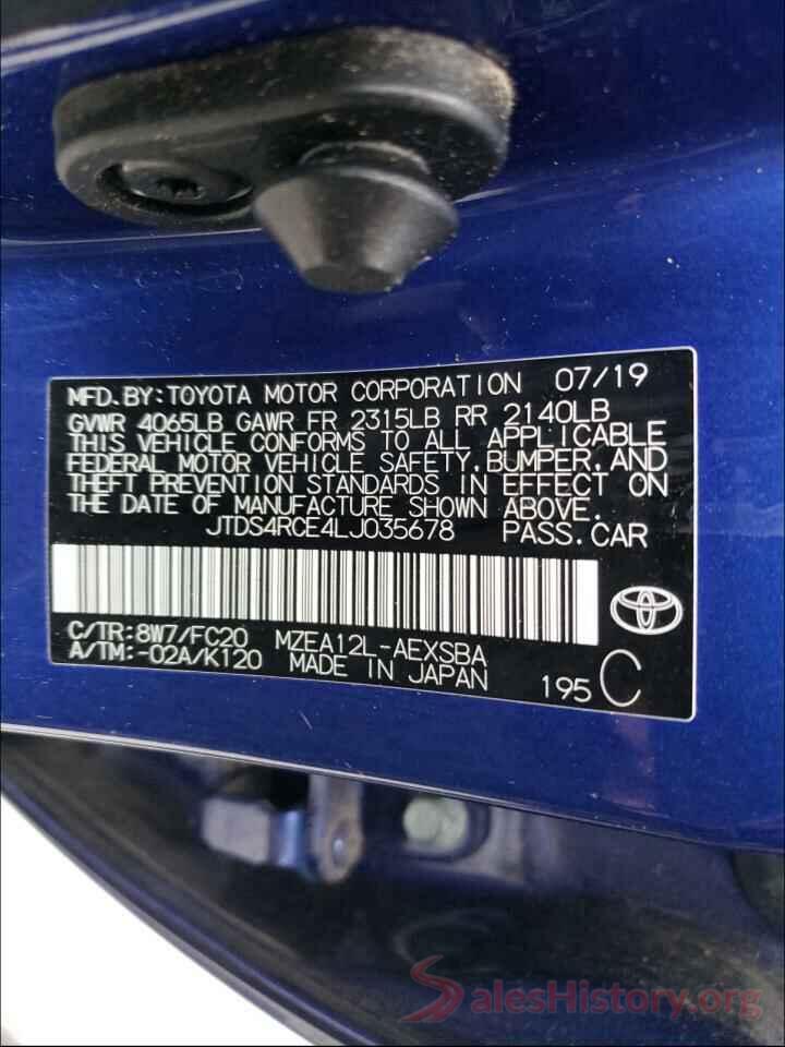 JTDS4RCE4LJ035678 2020 TOYOTA COROLLA