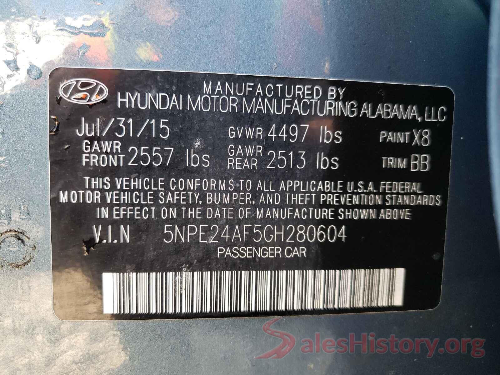 5NPE24AF5GH280604 2016 HYUNDAI SONATA