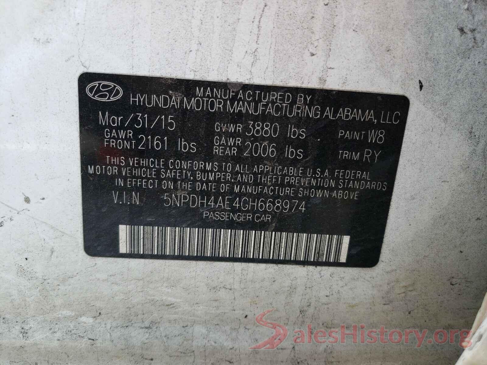 5NPDH4AE4GH668974 2016 HYUNDAI ELANTRA