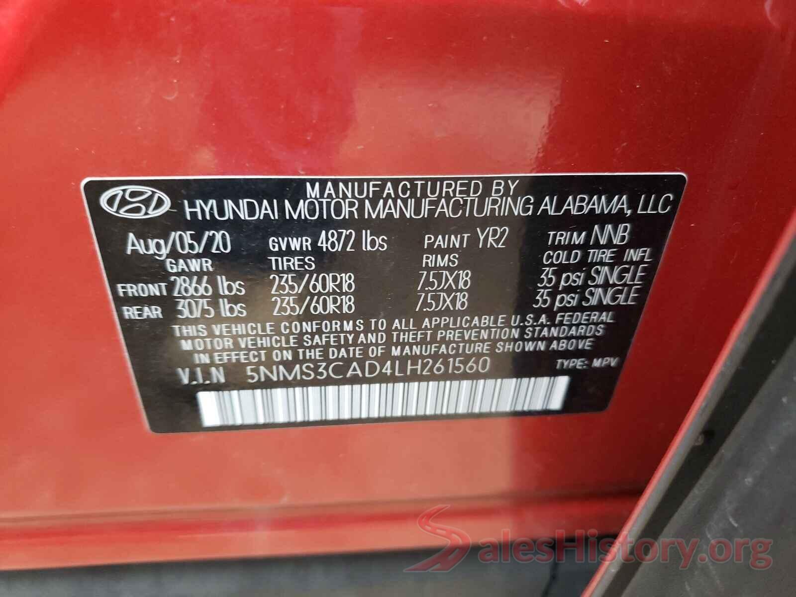 5NMS3CAD4LH261560 2020 HYUNDAI SANTA FE