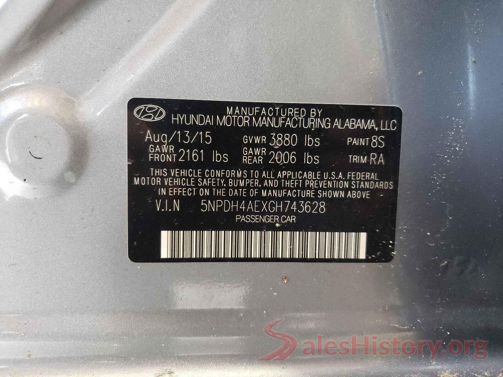 5NPDH4AEXGH743628 2016 HYUNDAI ELANTRA