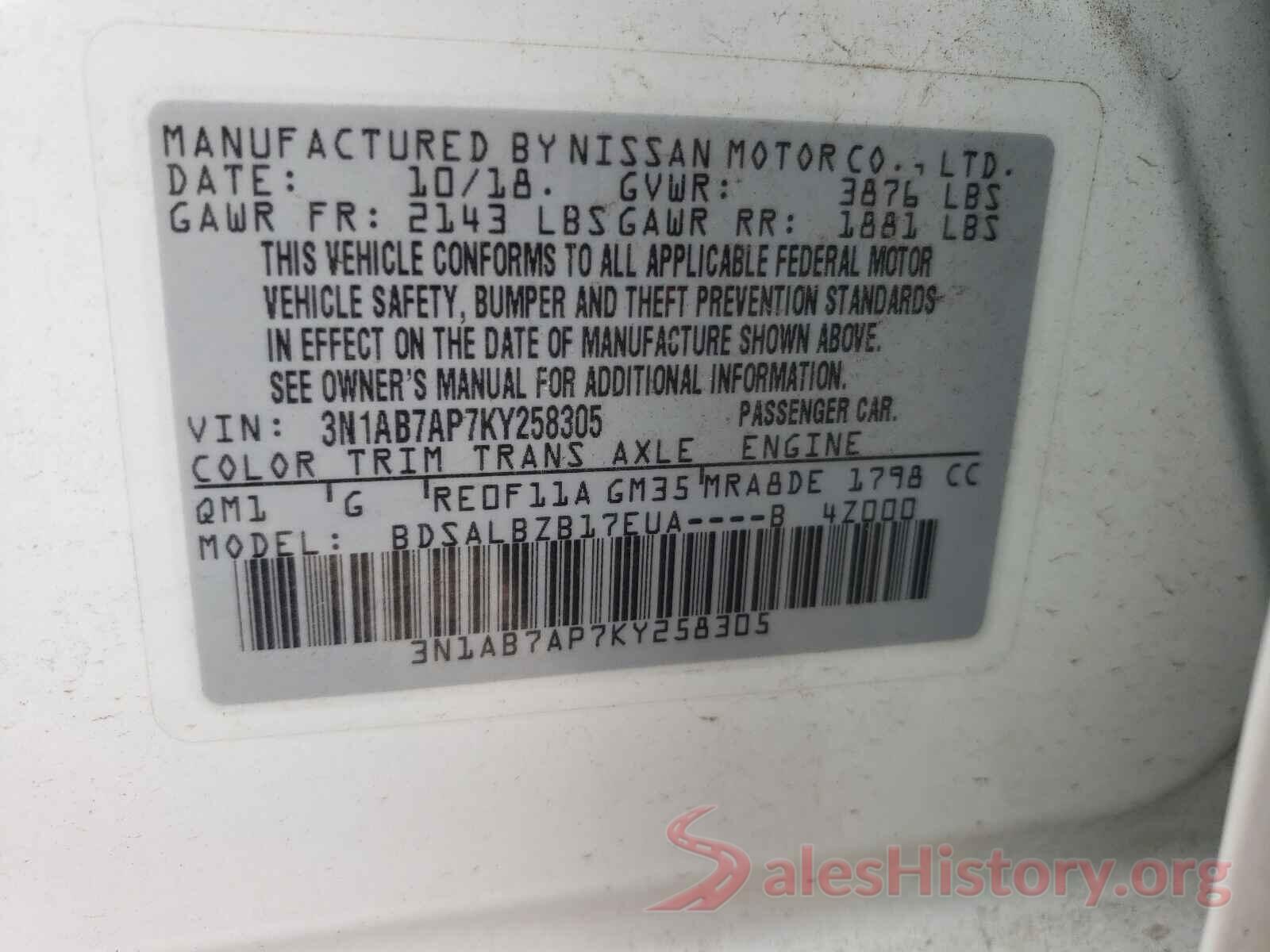 3N1AB7AP7KY258305 2019 NISSAN SENTRA