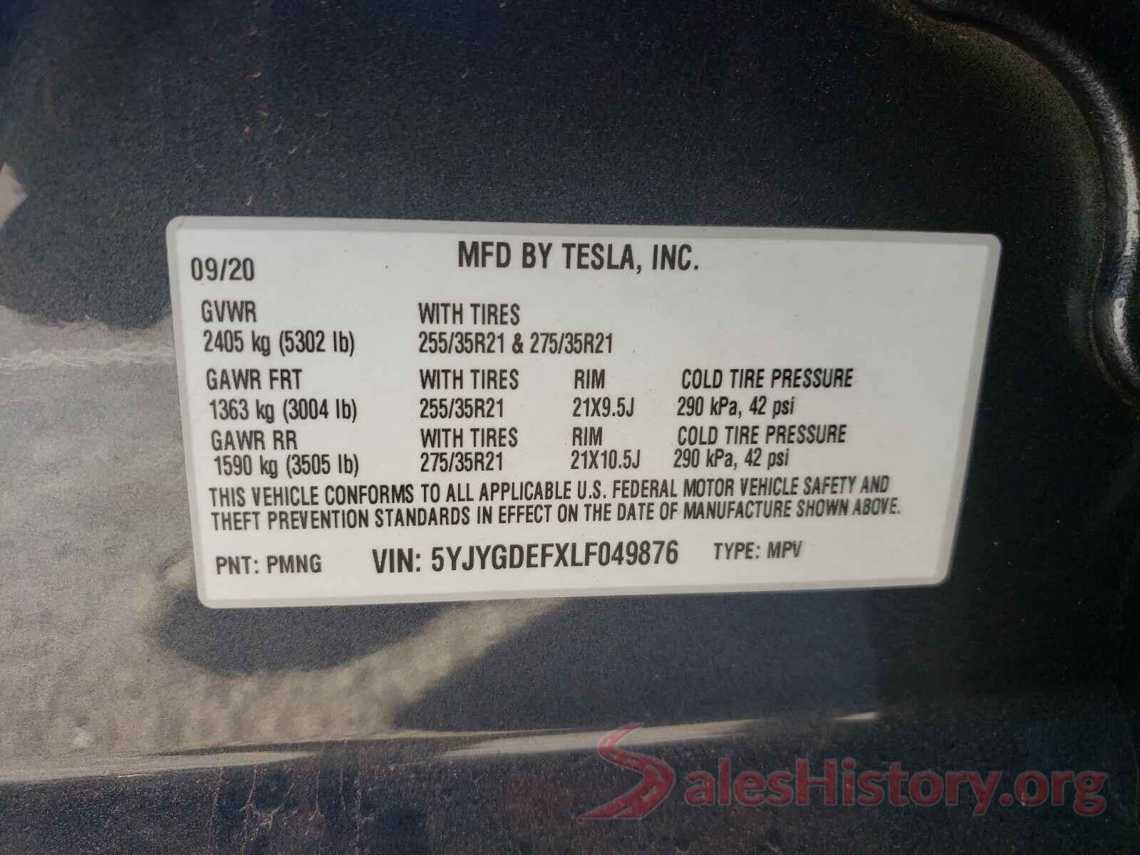 5YJYGDEFXLF049876 2020 TESLA MODEL Y