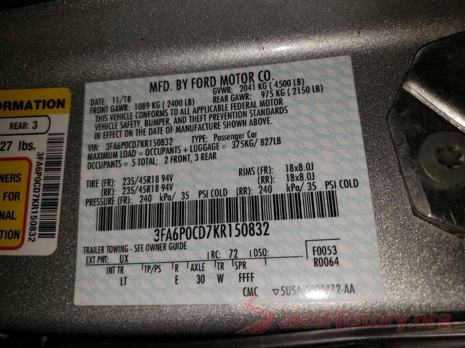 3FA6P0CD7KR150832 2019 FORD FUSION