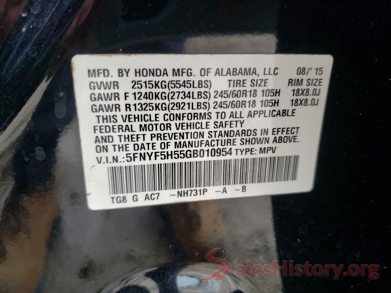 5FNYF5H55GB010954 2016 HONDA PILOT