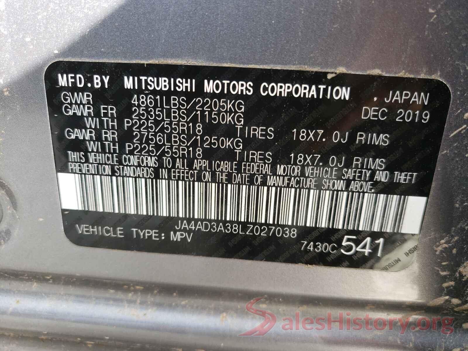 JA4AD3A38LZ027038 2020 MITSUBISHI OUTLANDER