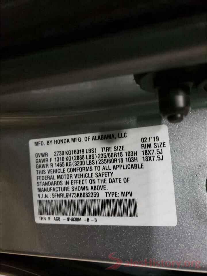 5FNRL6H73KB082359 2019 HONDA ODYSSEY