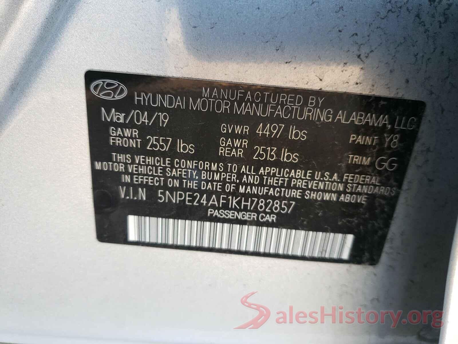 5NPE24AF1KH782857 2019 HYUNDAI SONATA