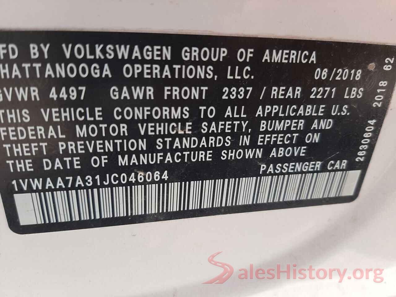 1VWAA7A31JC046064 2018 VOLKSWAGEN PASSAT