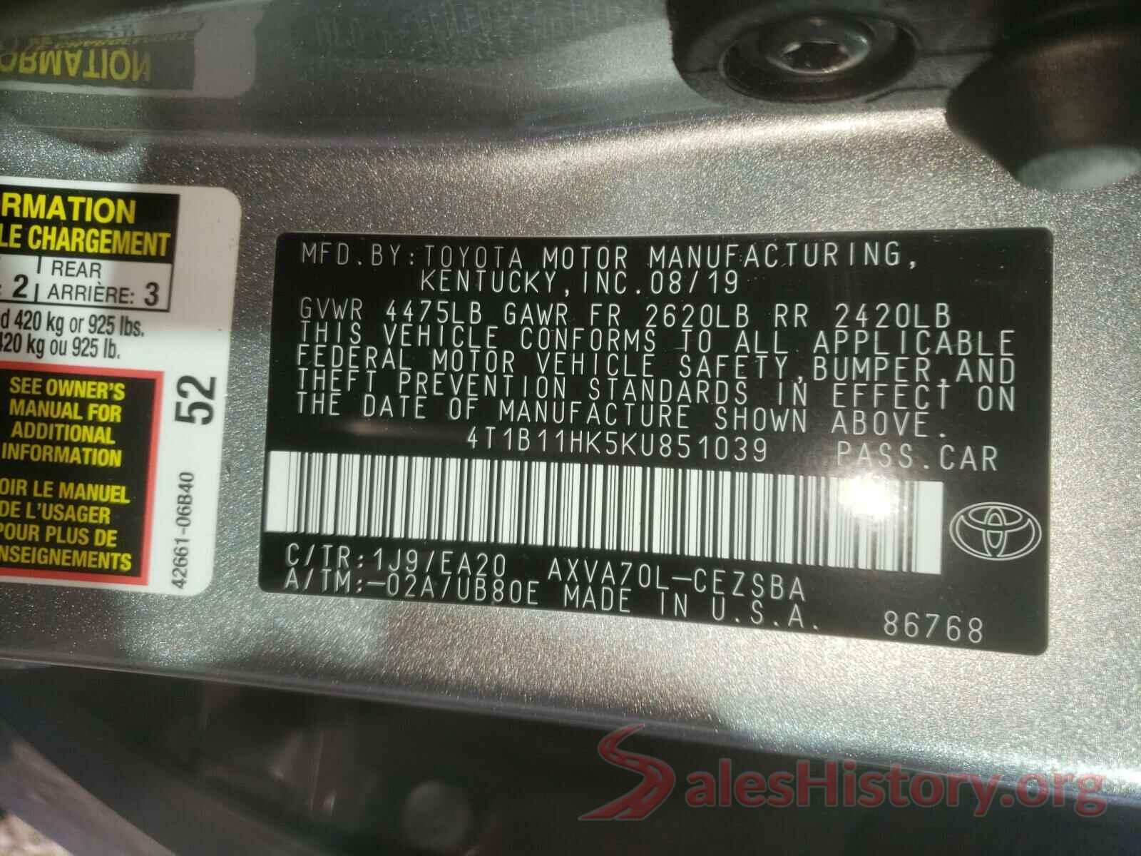 4T1B11HK5KU851039 2019 TOYOTA CAMRY