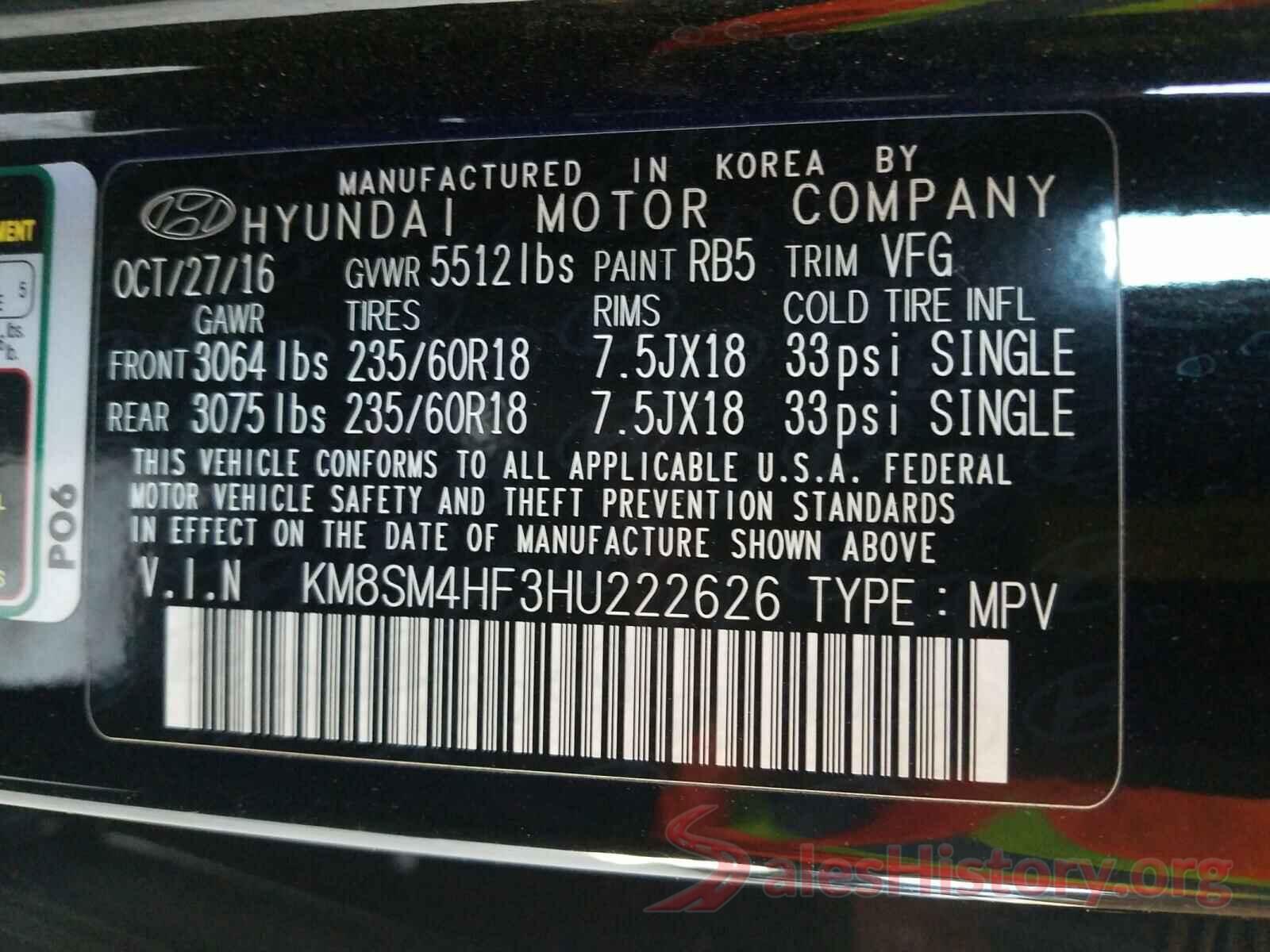 KM8SM4HF3HU222626 2017 HYUNDAI SANTA FE