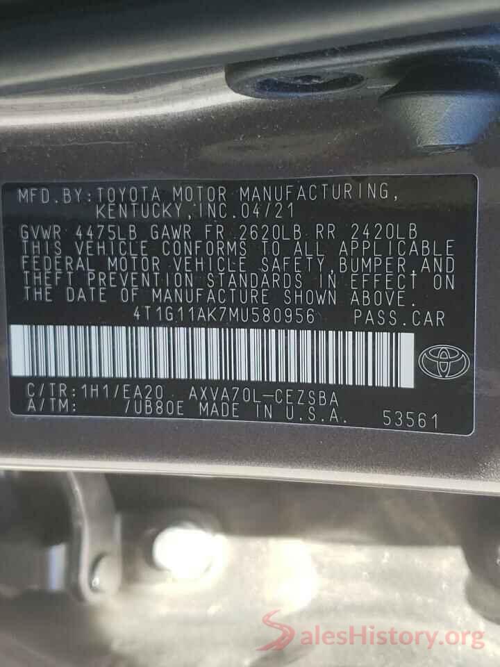 4T1G11AK7MU580956 2021 TOYOTA CAMRY