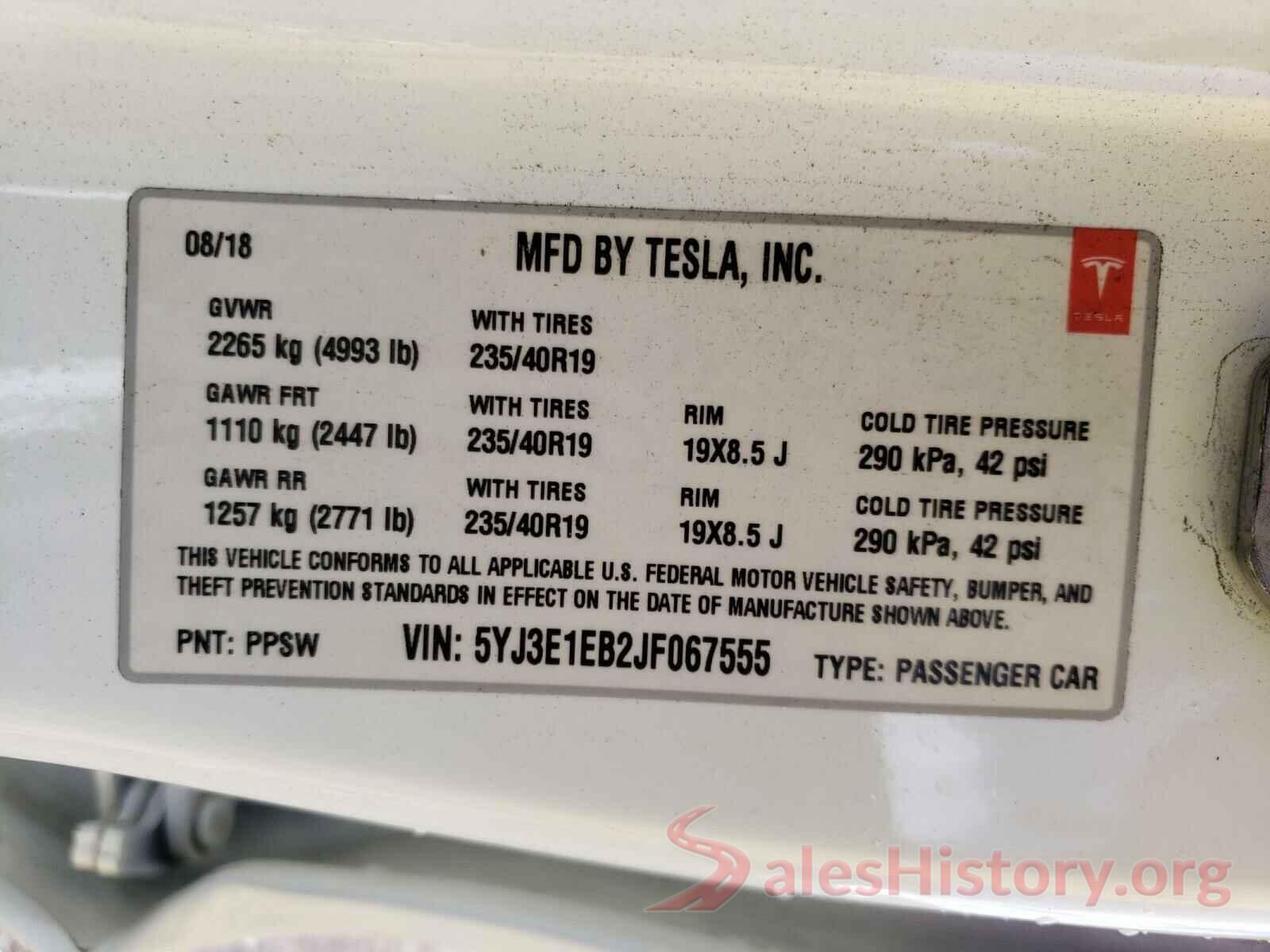 5YJ3E1EB2JF067555 2018 TESLA MODEL 3