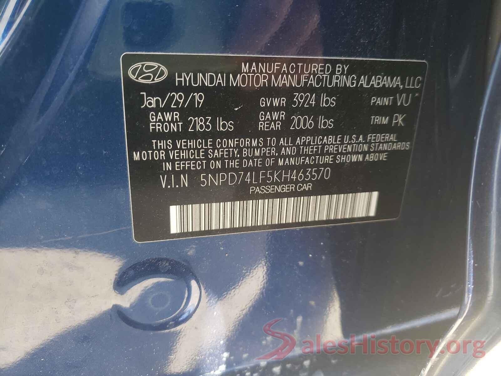 5NPD74LF5KH463570 2019 HYUNDAI ELANTRA