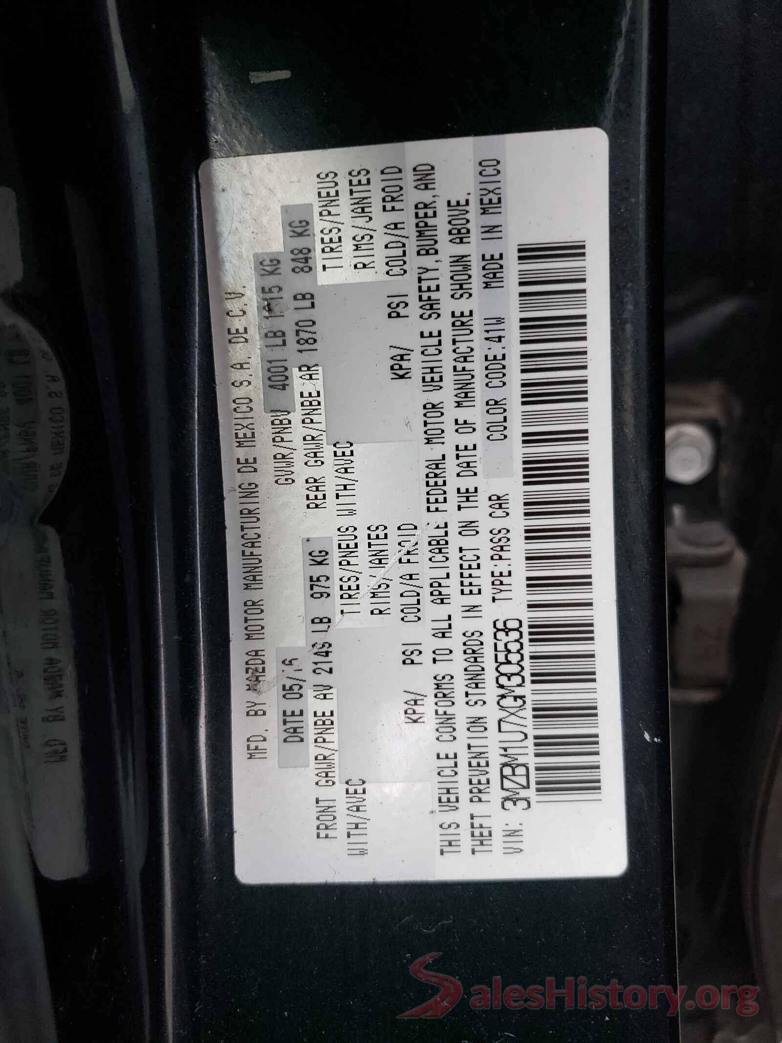 3MZBM1U7XGM305536 2016 MAZDA 3