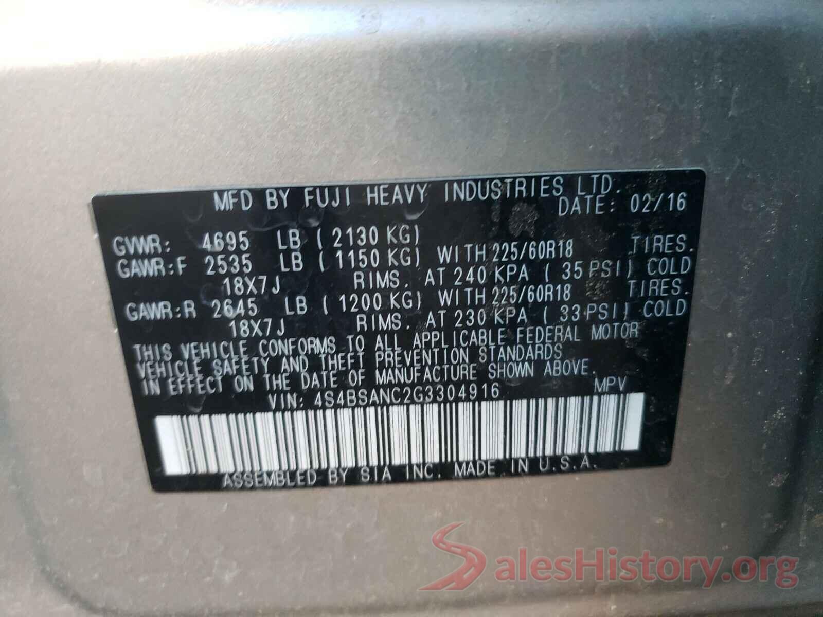 4S4BSANC2G3304916 2016 SUBARU OUTBACK