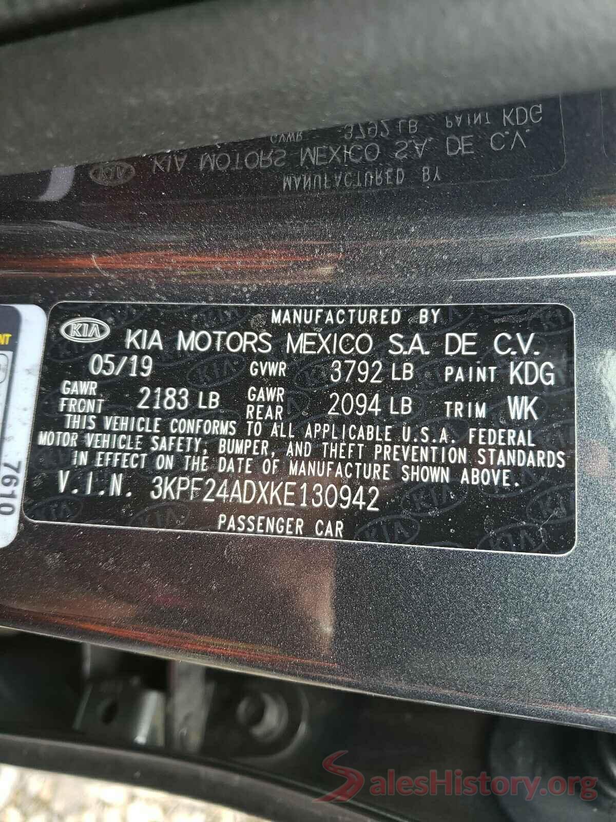 3KPF24ADXKE130942 2019 KIA FORTE