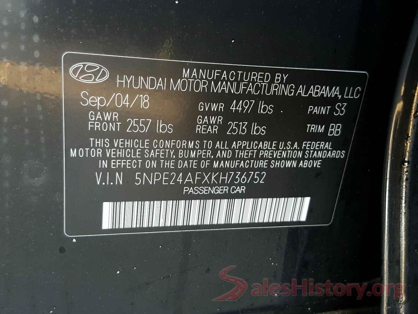 5NPE24AFXKH736752 2019 HYUNDAI SONATA