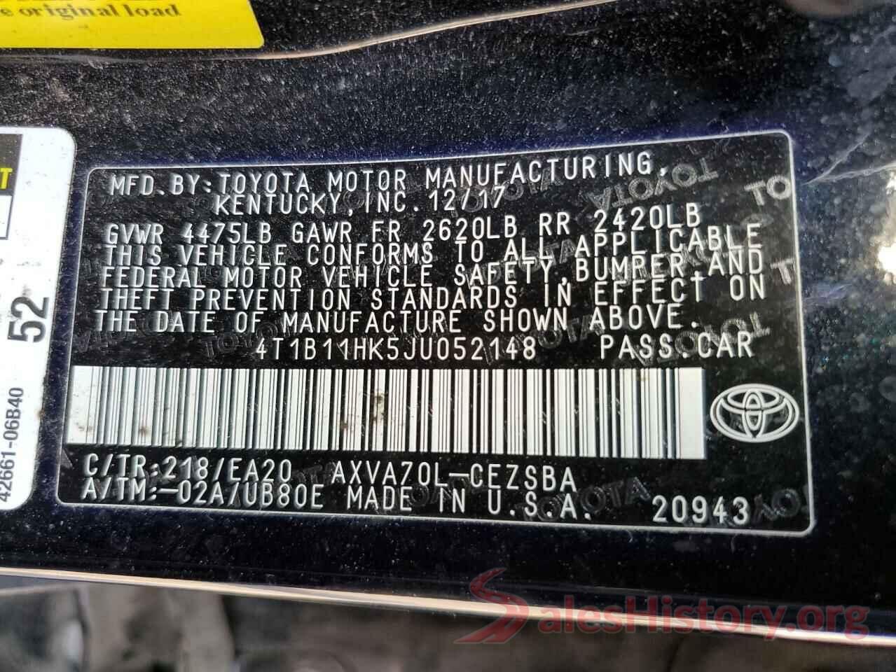 4T1B11HK5JU052148 2018 TOYOTA CAMRY