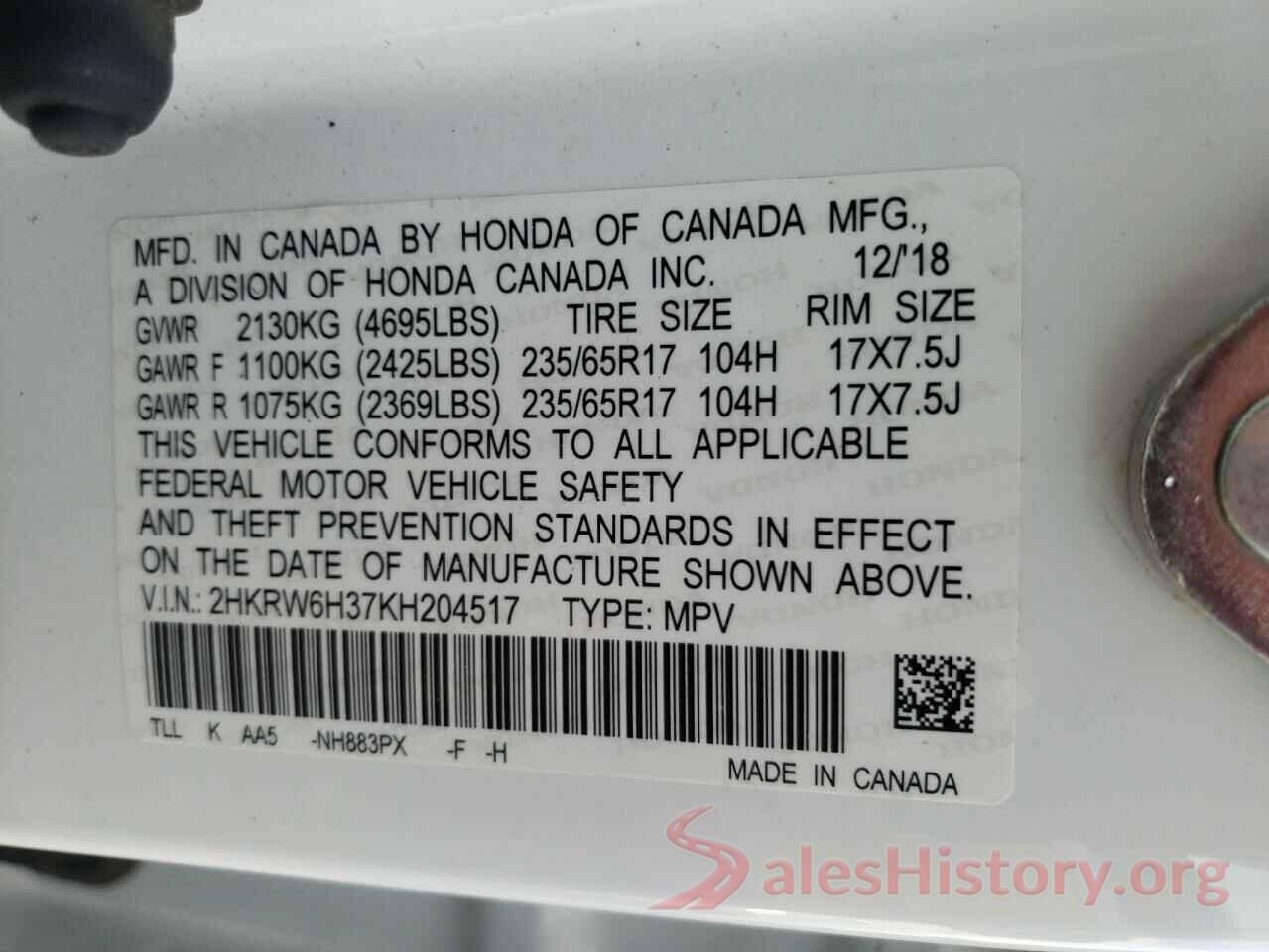 2HKRW6H37KH204517 2019 HONDA CRV