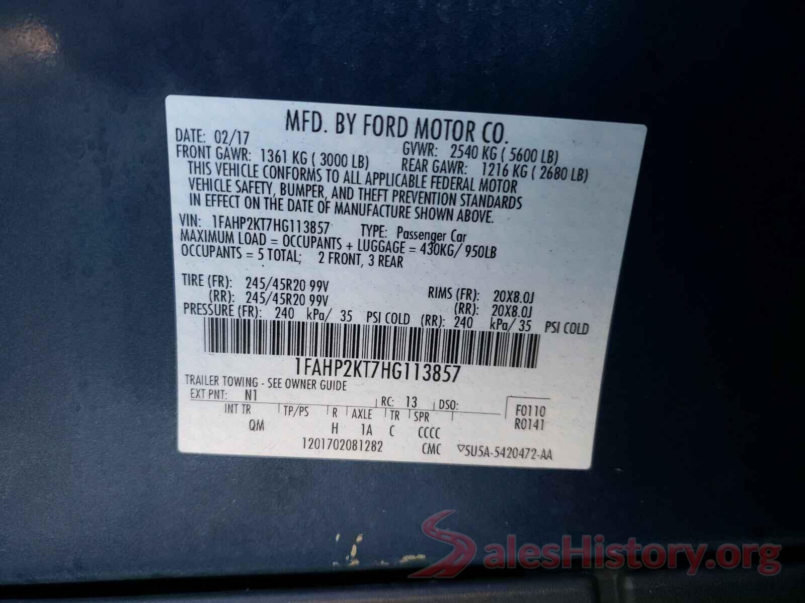 1FAHP2KT7HG113857 2017 FORD TAURUS