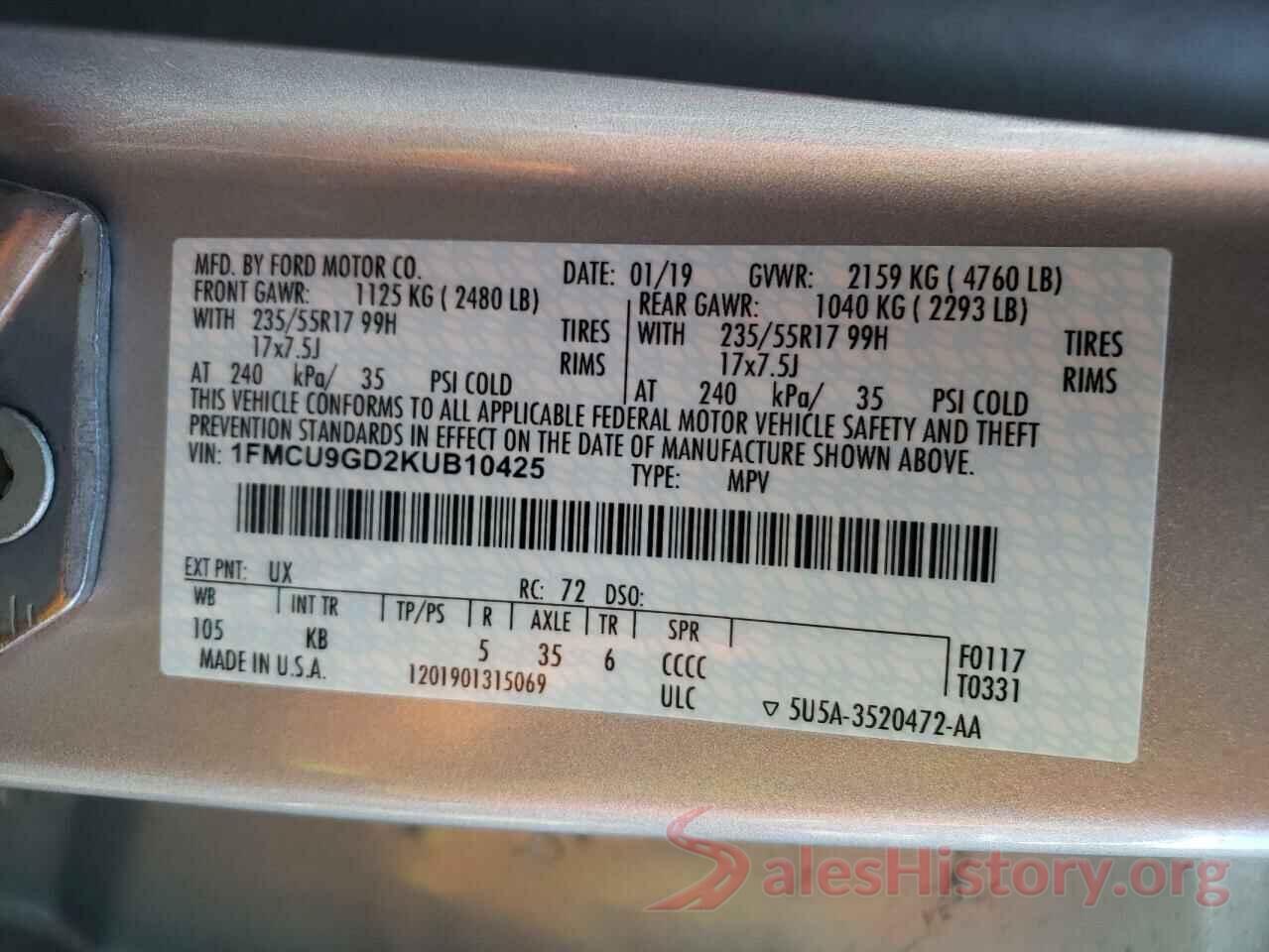 1FMCU9GD2KUB10425 2019 FORD ESCAPE