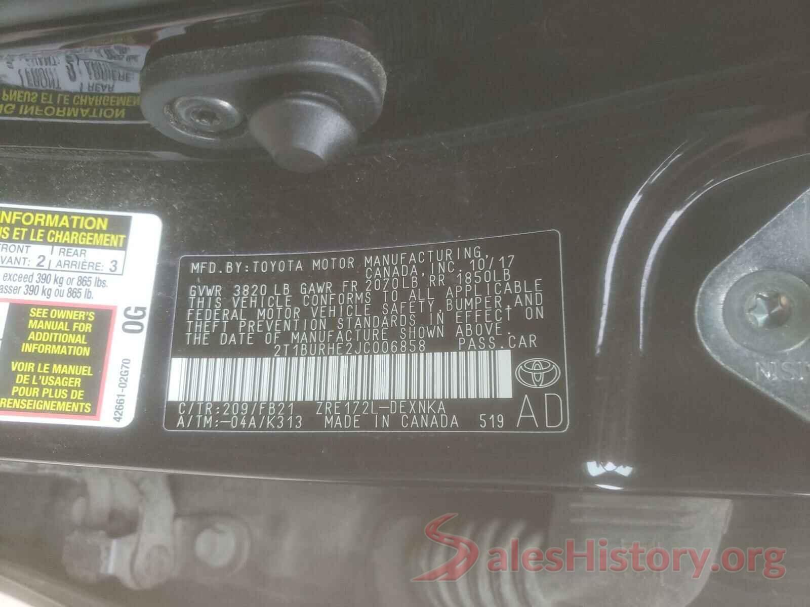 2T1BURHE2JC006858 2018 TOYOTA COROLLA