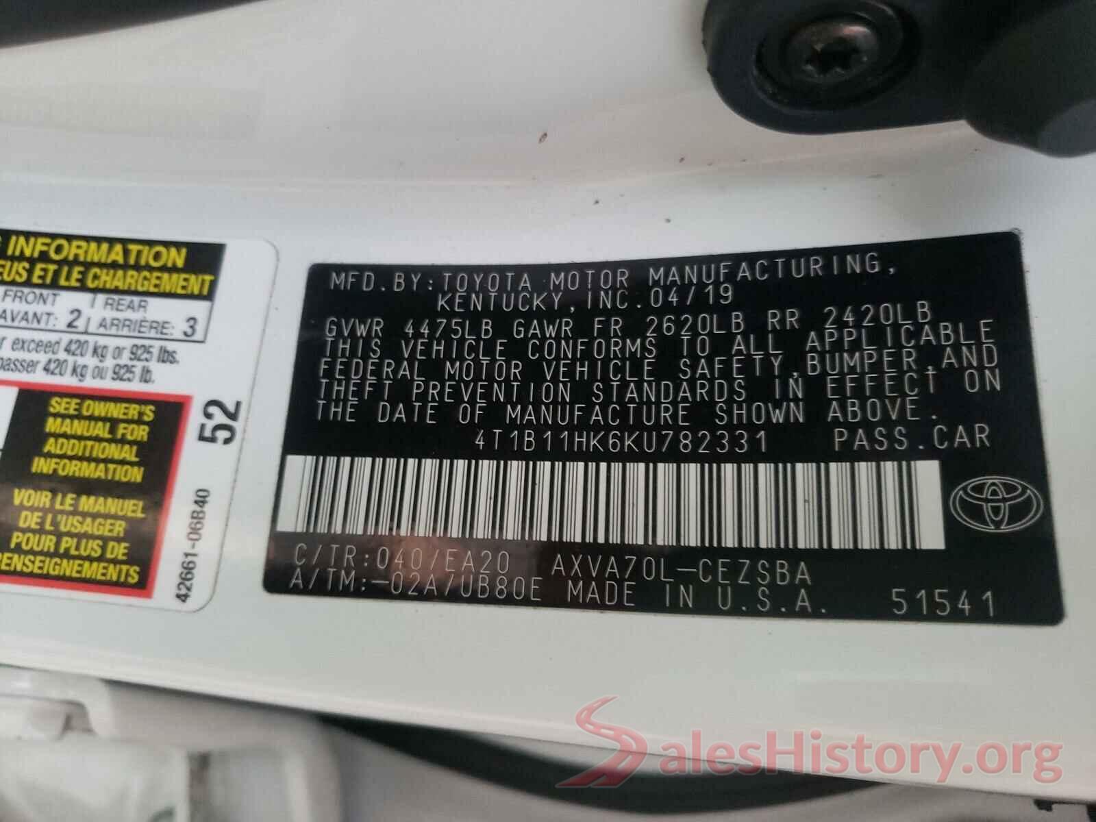 4T1B11HK6KU782331 2019 TOYOTA CAMRY