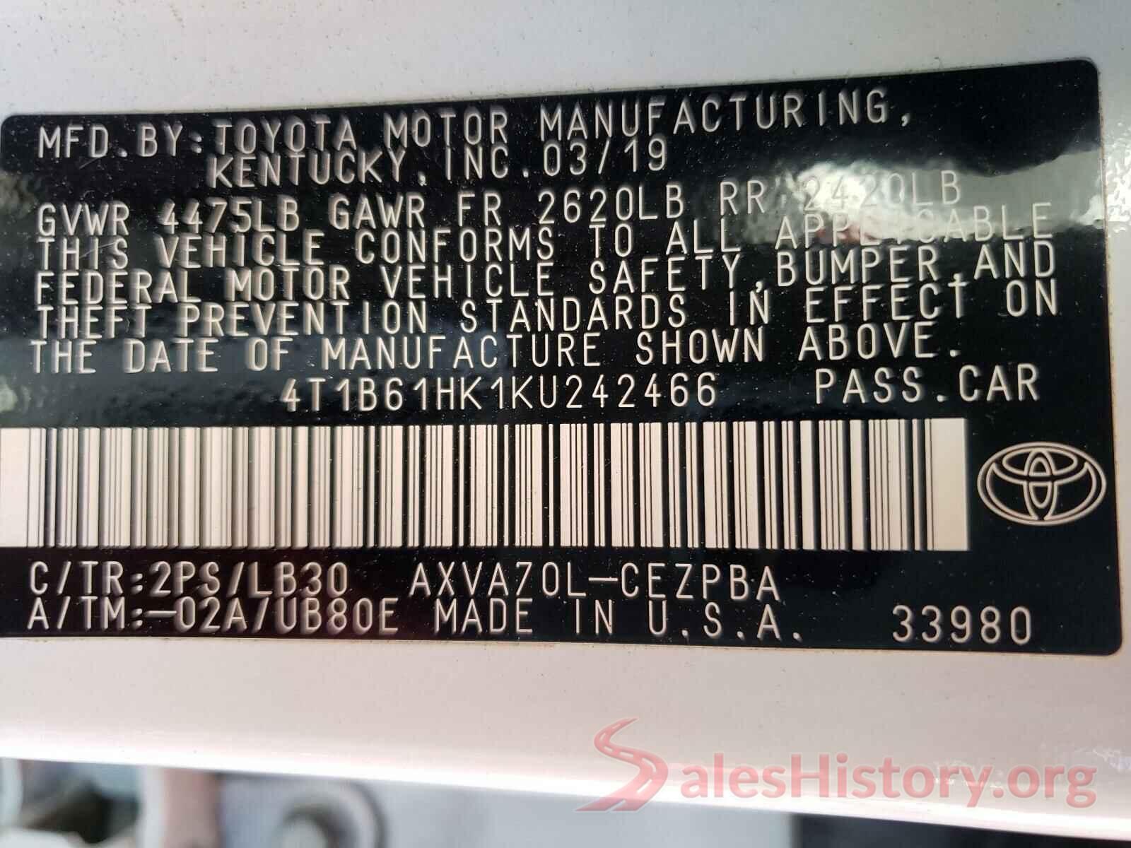 4T1B61HK1KU242466 2019 TOYOTA CAMRY