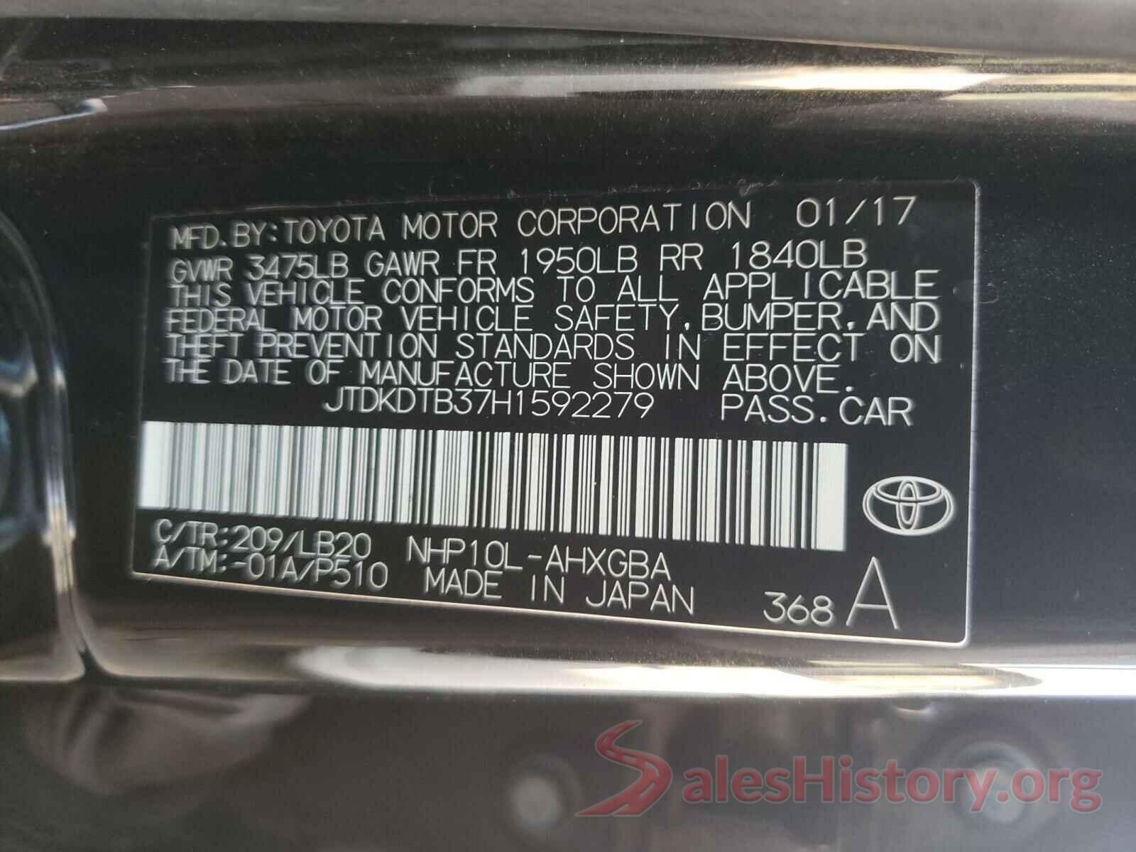 JTDKDTB37H1592279 2017 TOYOTA PRIUS