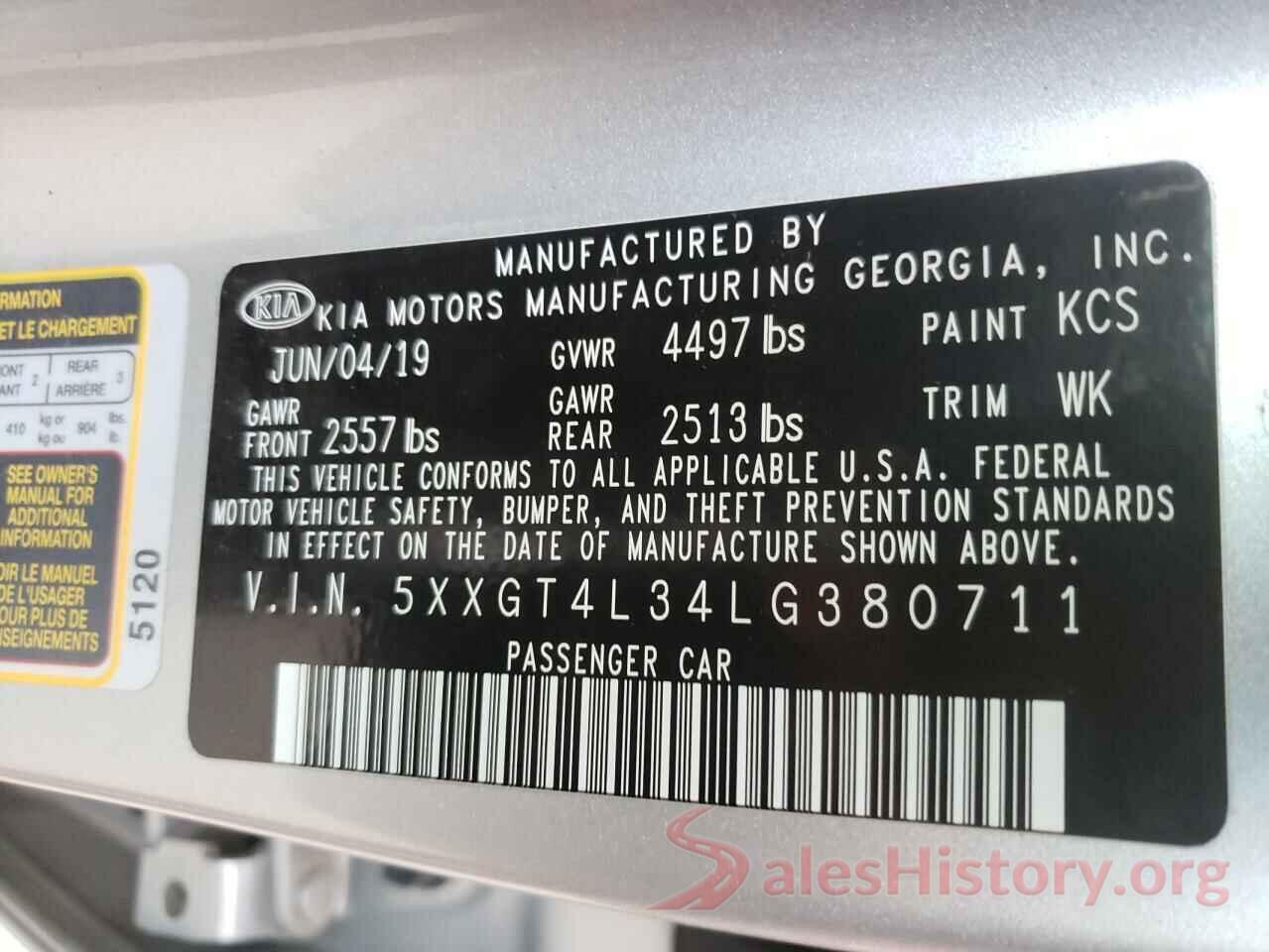 5XXGT4L34LG380711 2020 KIA OPTIMA